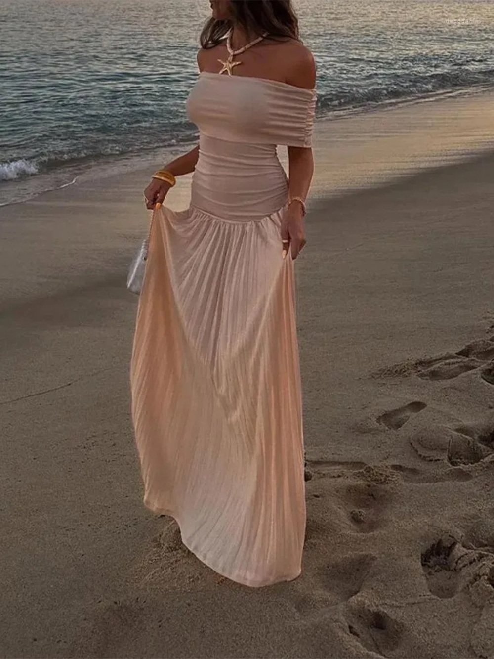 Off-Shoulder Maxi Dress in Peach